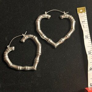 Heart Shaped Bamboo Hoop Earrings - Silver Tone
